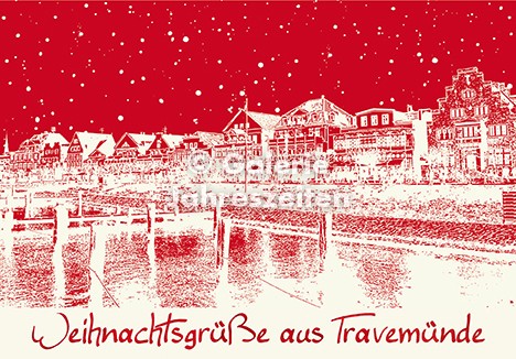 Weihnachtskarte Travemünde Hafen und Promenade