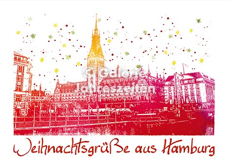 Weihnachtskarte Hamburg Alster und Rathausplatz